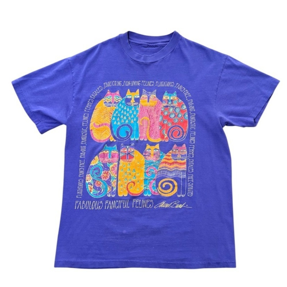 Vintage 90s Cat Felines Kitty Glitter Laurel Burch Abstract Graphic Art T-shirt